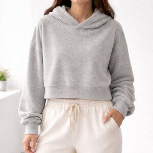 Aerie Cropped Comfy Lounge Soft Velour Light Gray Cozy Weekend Hoodie [size M]